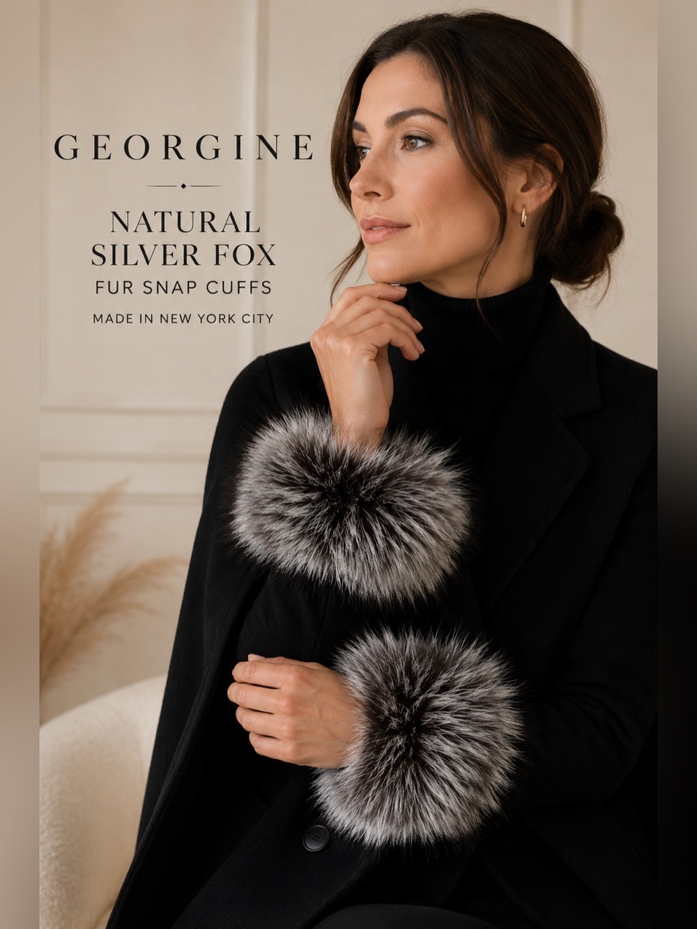 GEORGINE Natural Silver Fox Fur Snap Cuffs Made in NYC